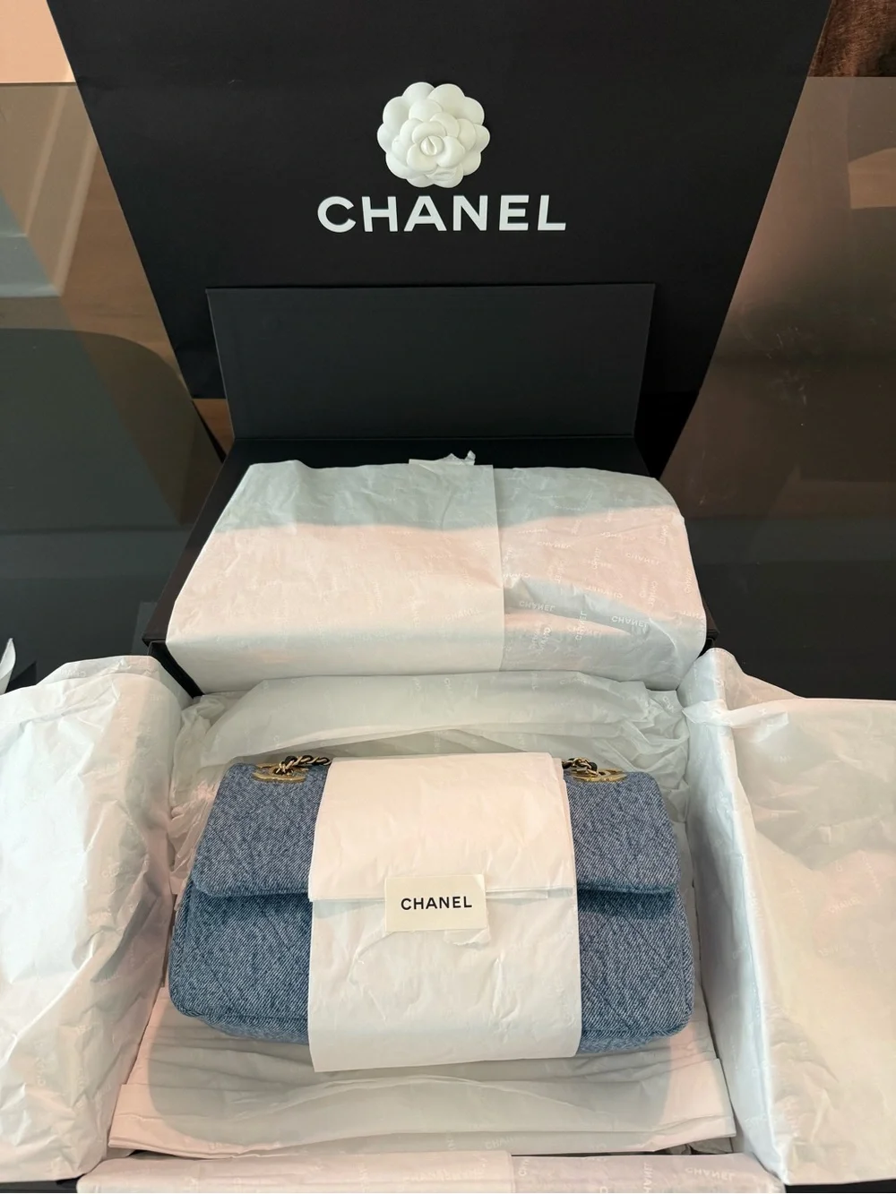 CHANEL Light Blue Denim Quilted Flap Shoulder Bag with Gold Hardware